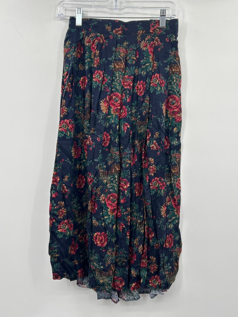 Vintage Koret Petites Floral Cottagecore Midi Skirt 10P Navy Romantic Prairie